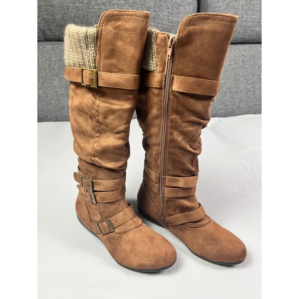 Bongo Myrina‎ Women 8.5W Brown Faux Suede Slouch Tall Boots Knit Cuff Wide Width